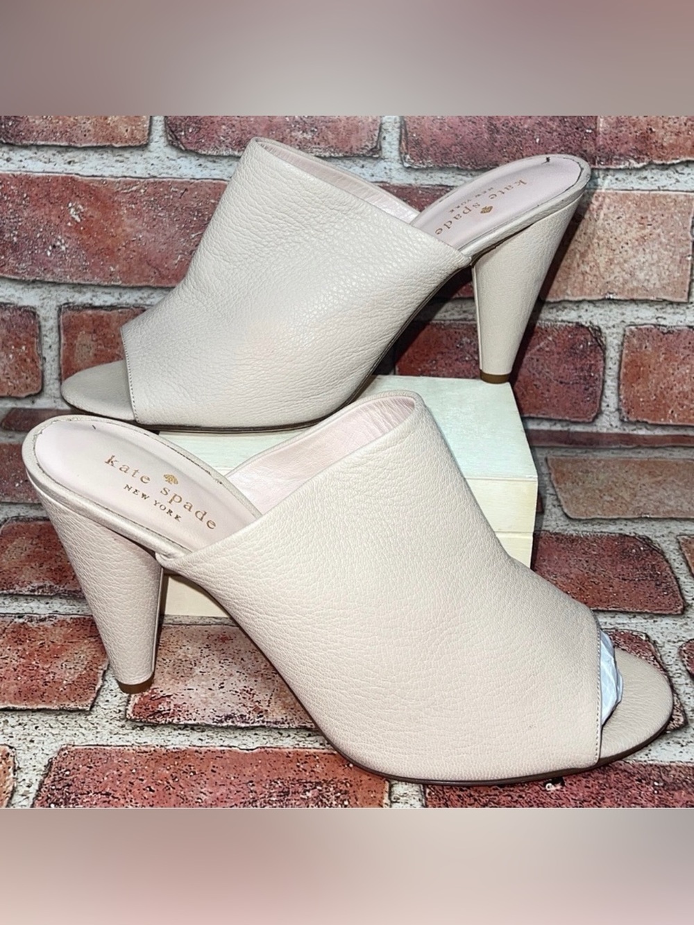 Pre-Owned Kate Spade Bova Pink Nude Peep Toe High Heel Mules Size 8.5B Preppy